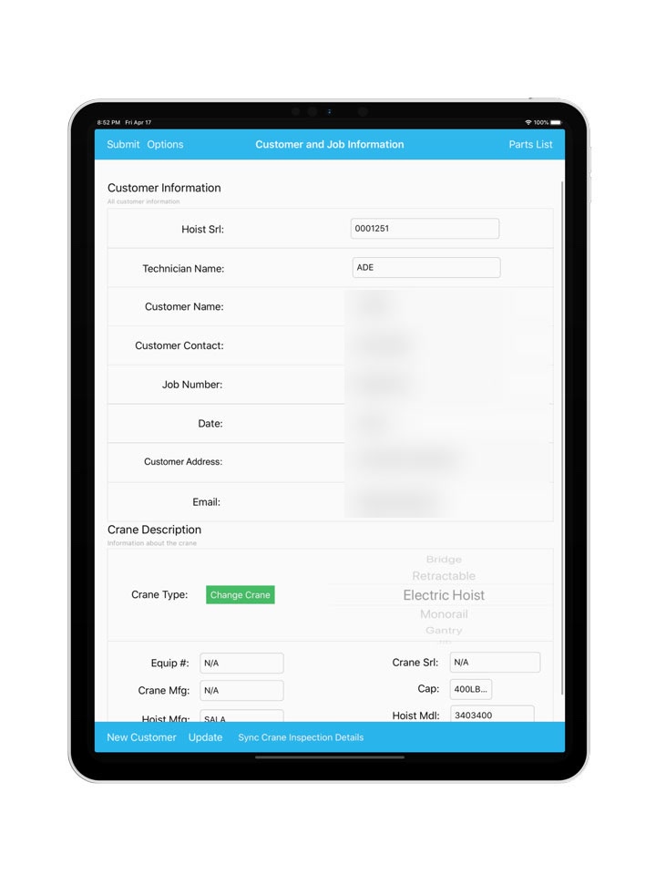 Customer and job information form on iPad with crane description fields; customer details are blurred