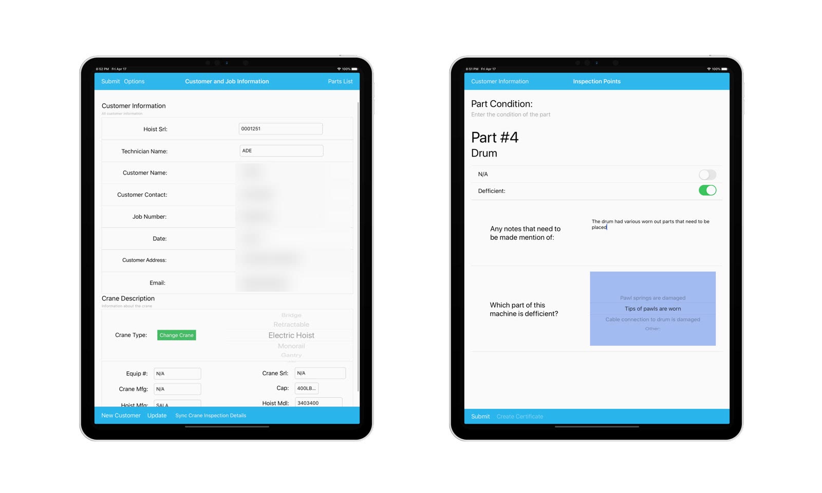 Crane inspection app on two iPads