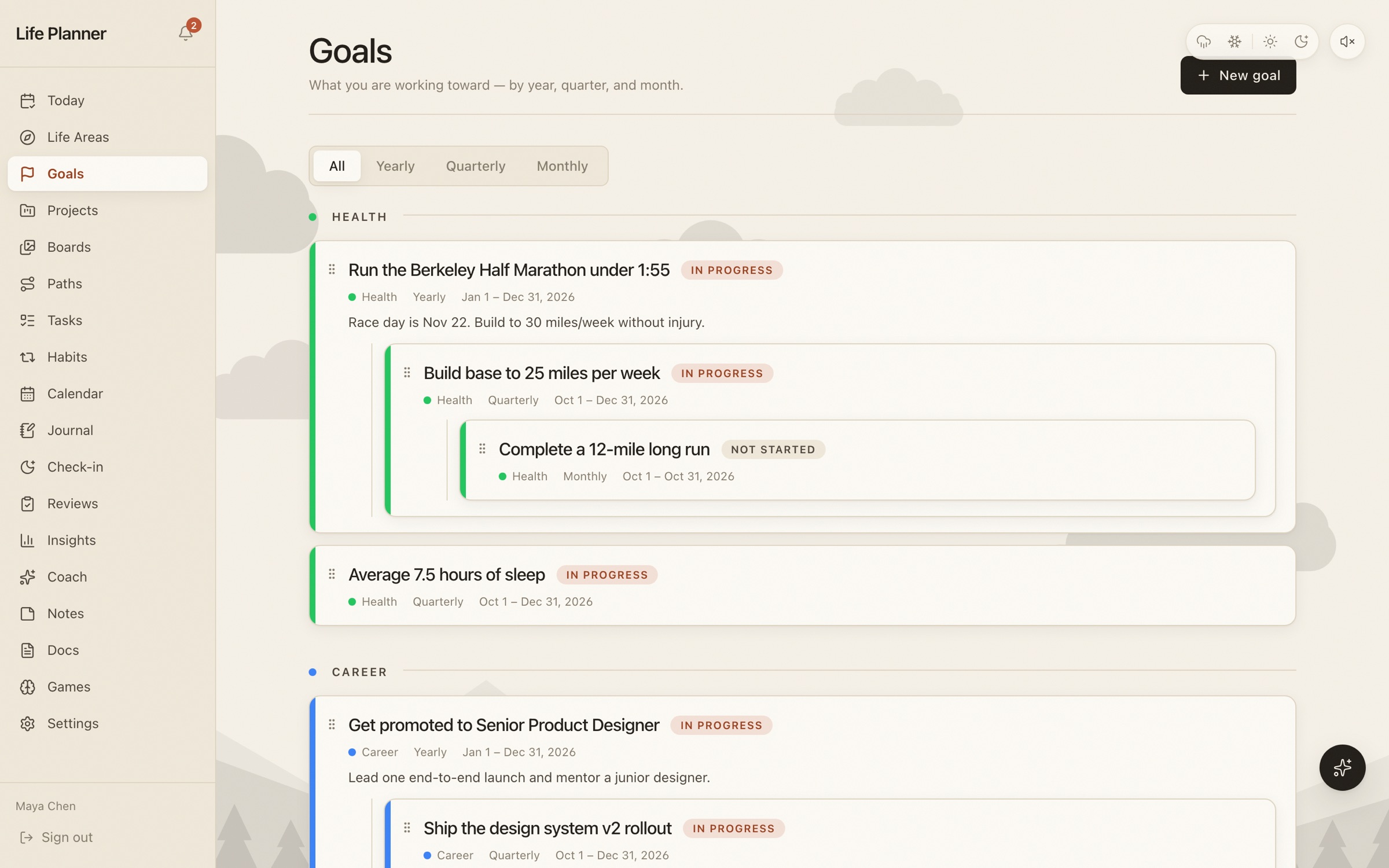 Life Planner Goals page showing a yearly health goal with nested quarterly and monthly goals