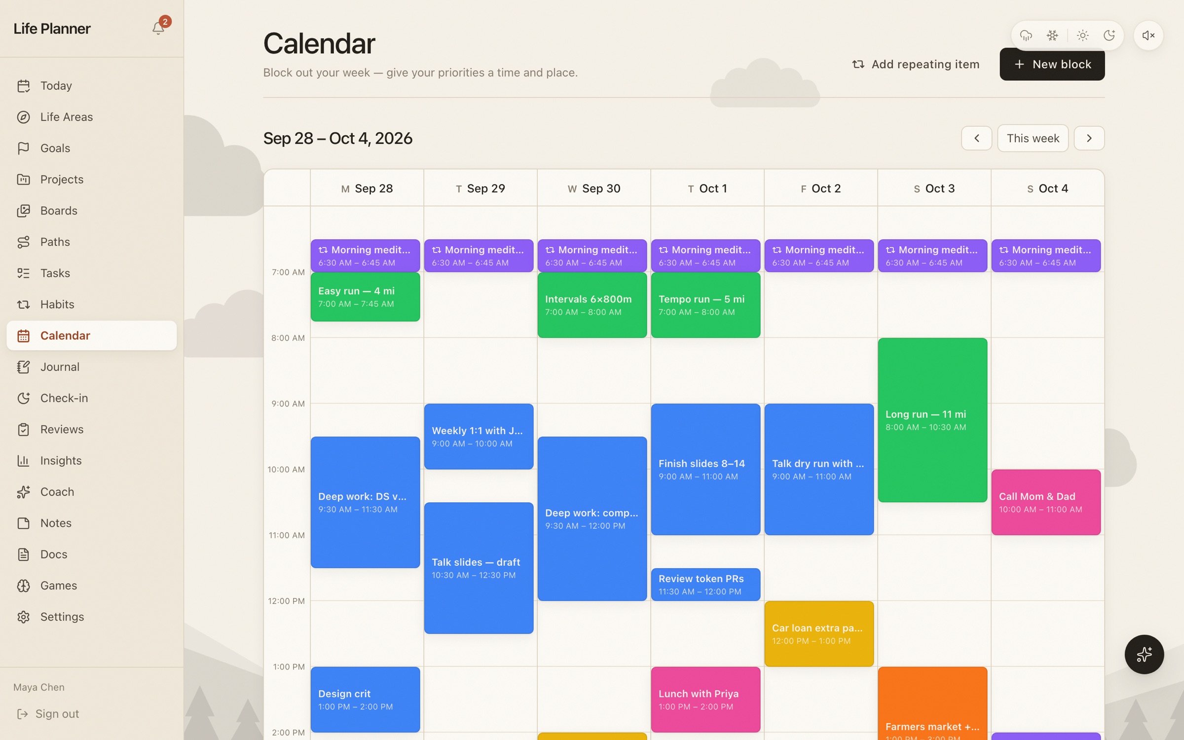 Life Planner calendar week view with repeating morning blocks, workouts, and deep work sessions