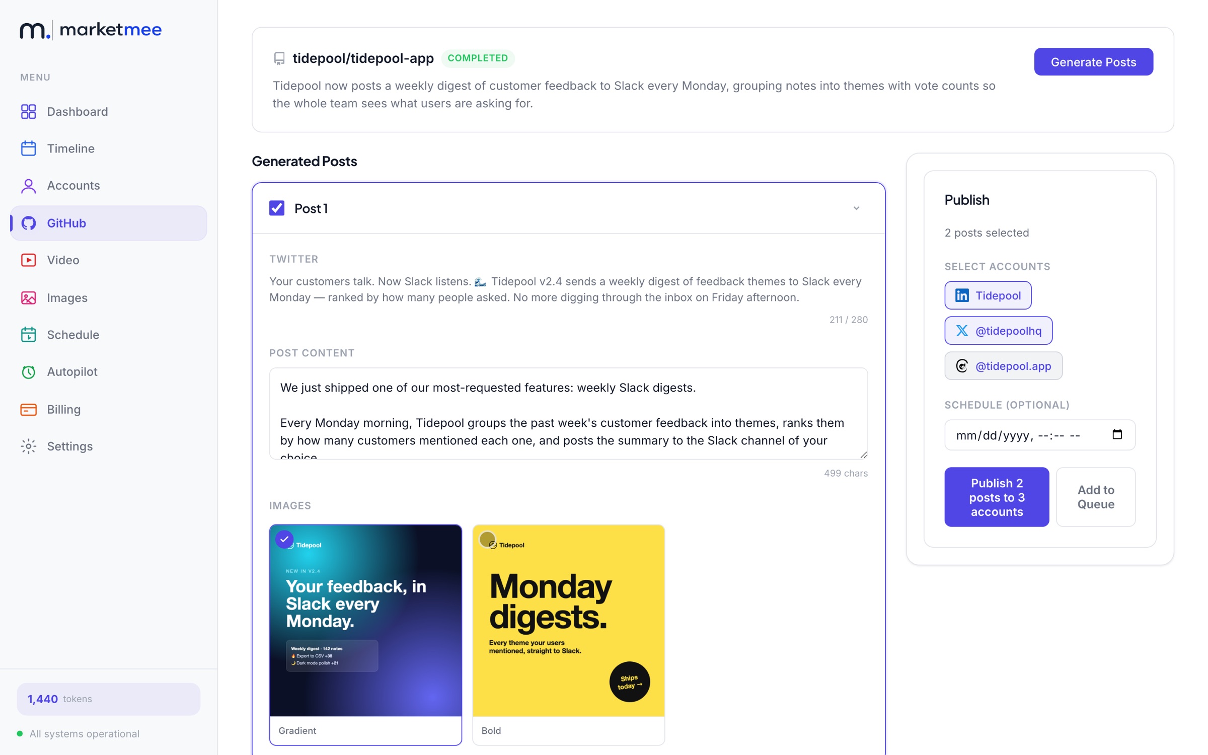 MarketMee turning a GitHub push into social posts with generated images