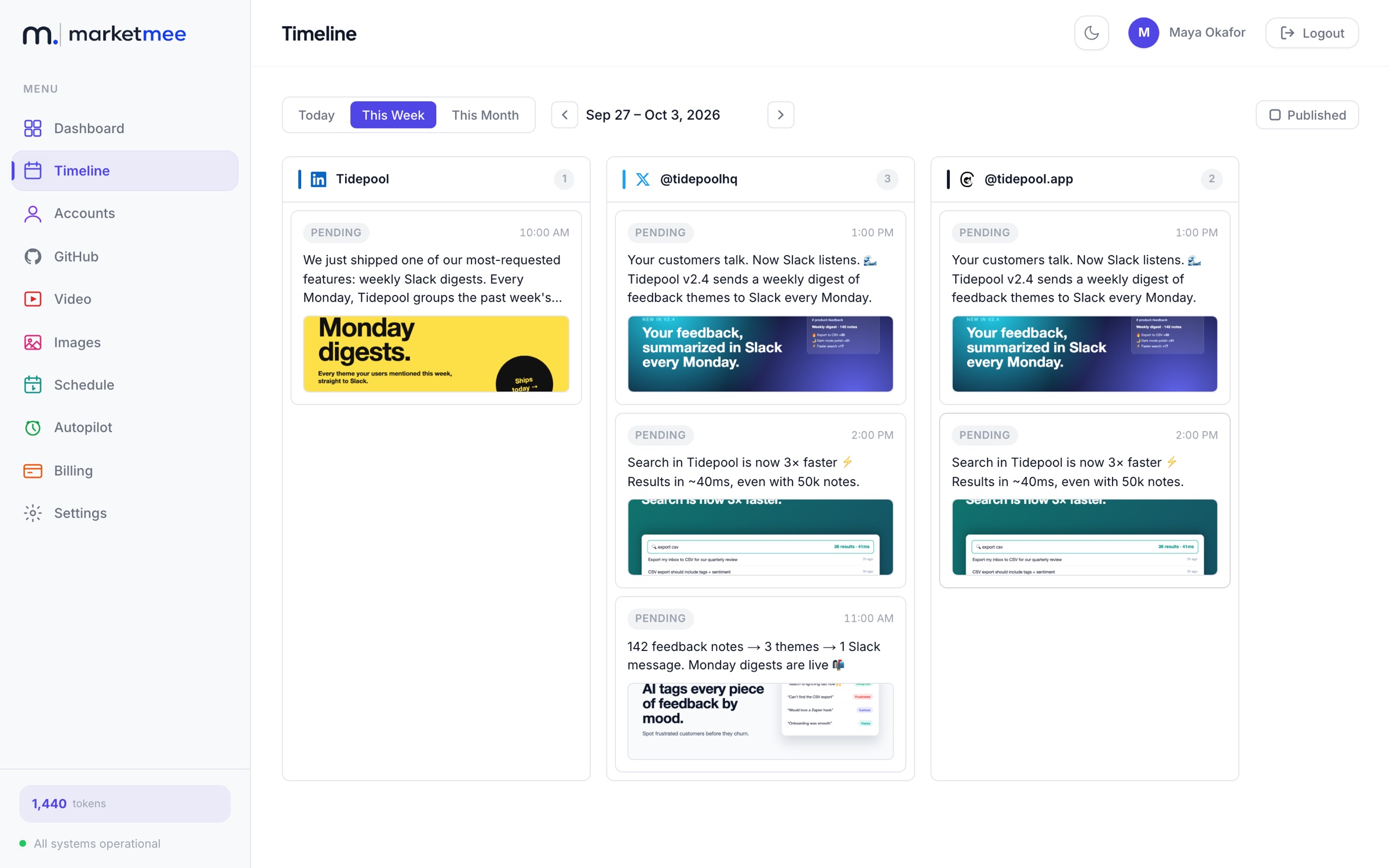 MarketMee timeline of scheduled posts per social account