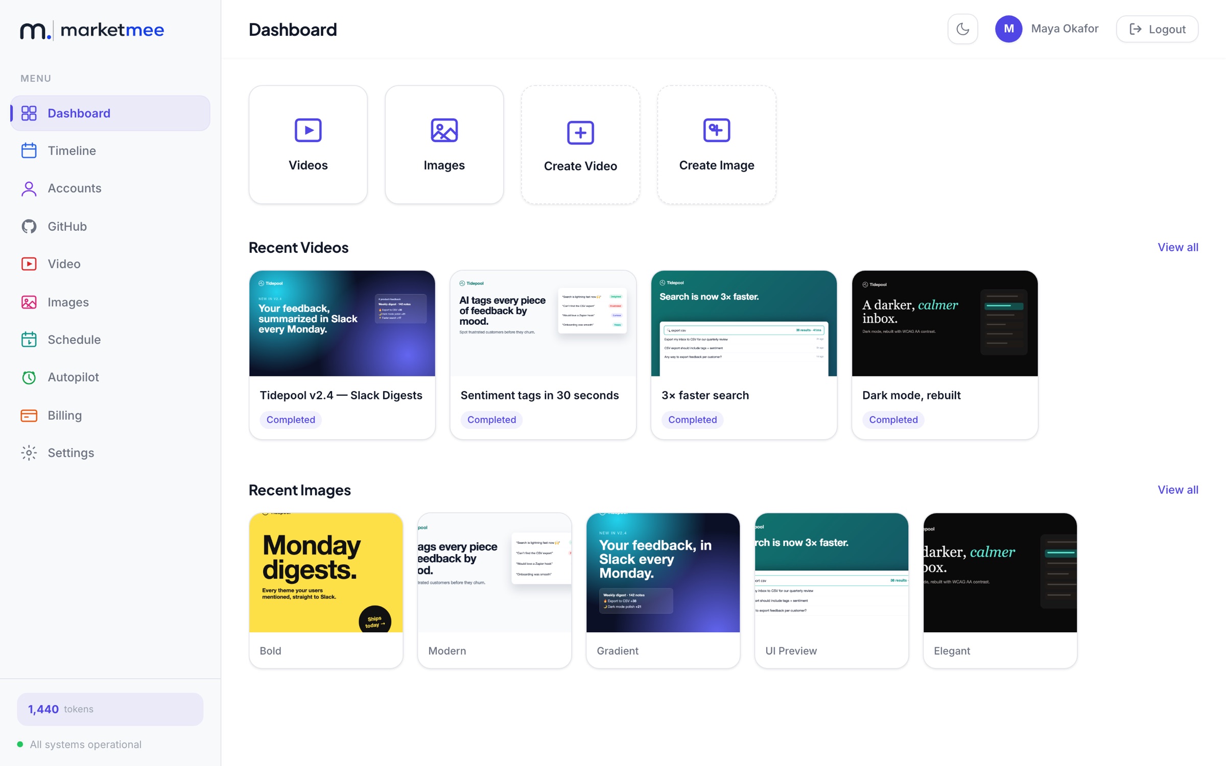 MarketMee dashboard with generated videos and images