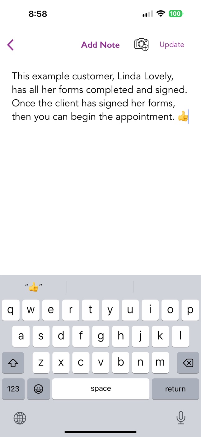 Add Note screen in PMU Forms with a note about a client and a camera button