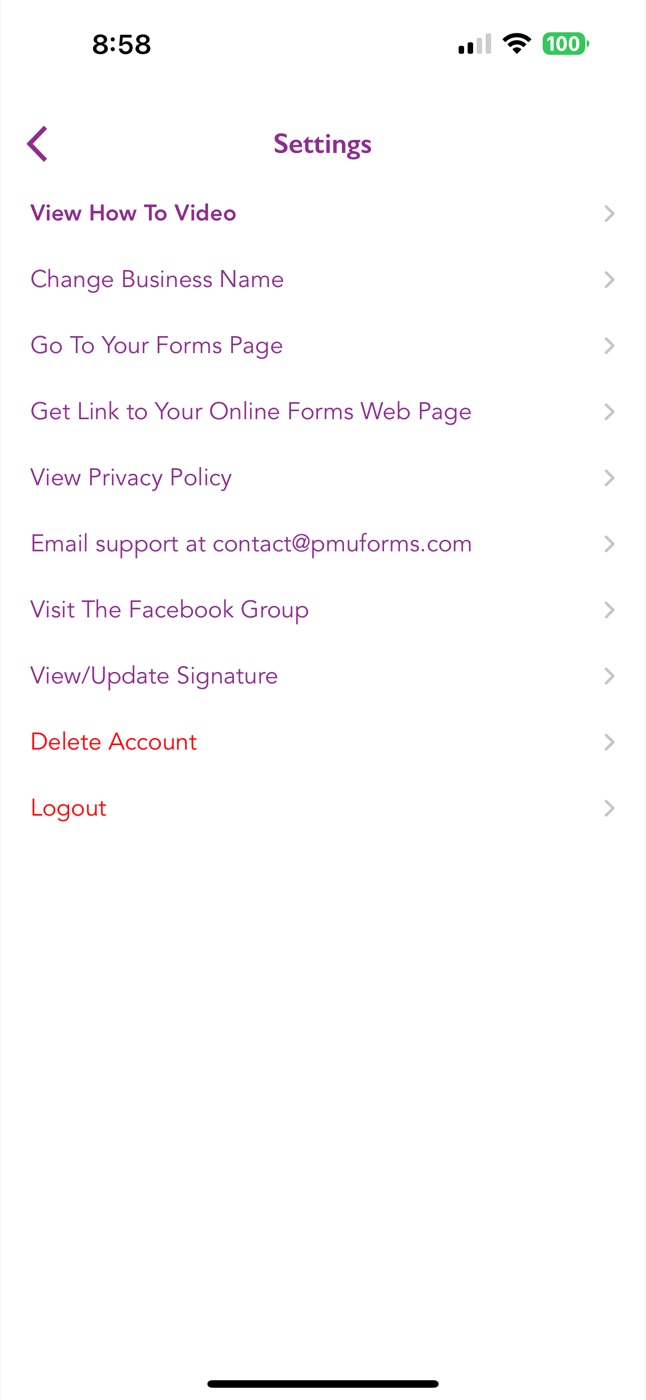 Settings screen in PMU Forms with links to how-to video, online forms page, and signature