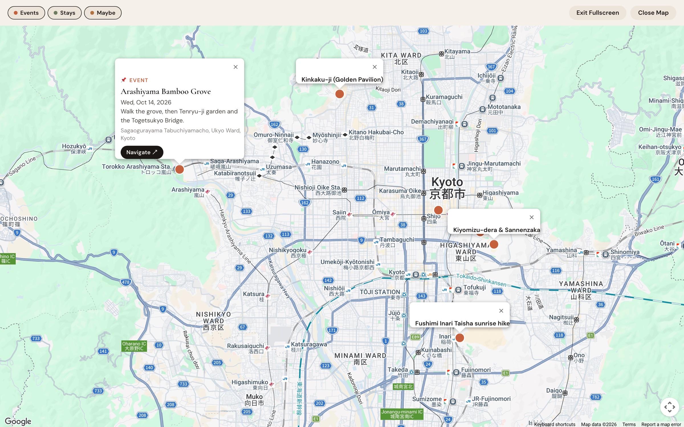 Voyager map of Kyoto with trip event pins